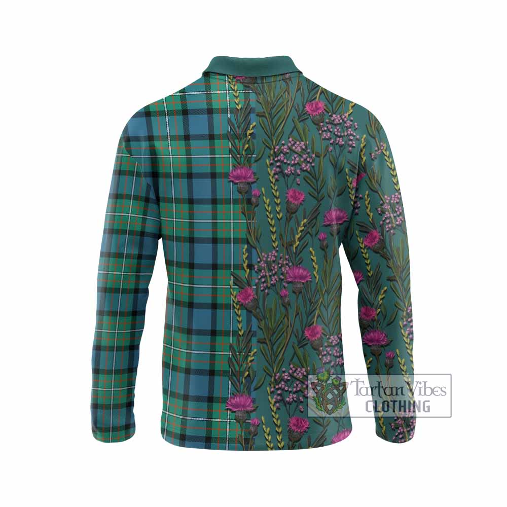 Ferguson (Fergusson) Family Crest Tartan Long Sleeve Polo Shirt Scottish Thistle Flower Pattern Half Style - Tartan Vibes Clothing