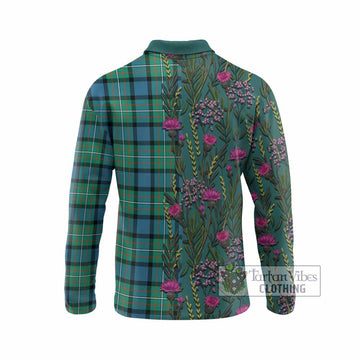 Ferguson (Fergusson) Family Crest Tartan Long Sleeve Polo Shirt Scottish Thistle Flower Pattern Half Style