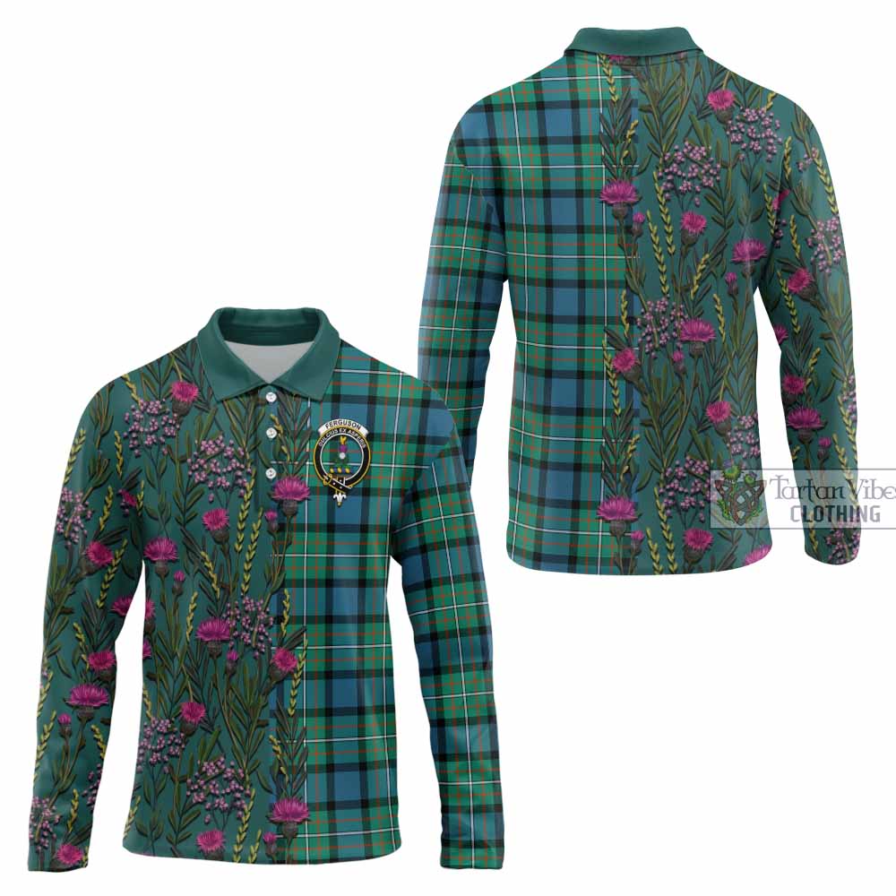 Ferguson (Fergusson) Family Crest Tartan Long Sleeve Polo Shirt Scottish Thistle Flower Pattern Half Style - Tartan Vibes Clothing