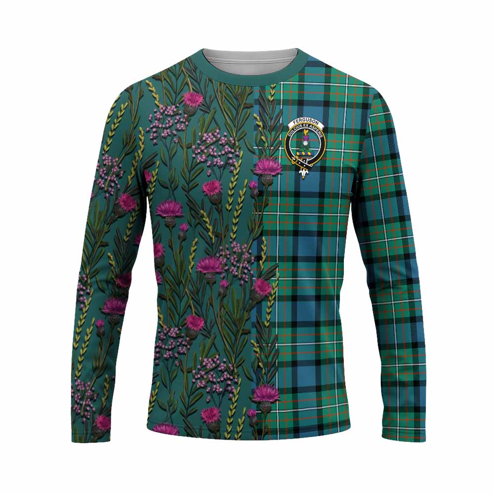 Ferguson (Fergusson) Family Crest Tartan Long Sleeve T-Shirt Scottish Thistle Flower Pattern Half Style - Tartan Vibes Clothing
