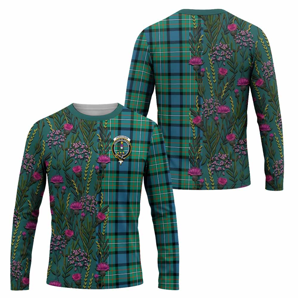 Ferguson (Fergusson) Family Crest Tartan Long Sleeve T-Shirt Scottish Thistle Flower Pattern Half Style - Tartan Vibes Clothing