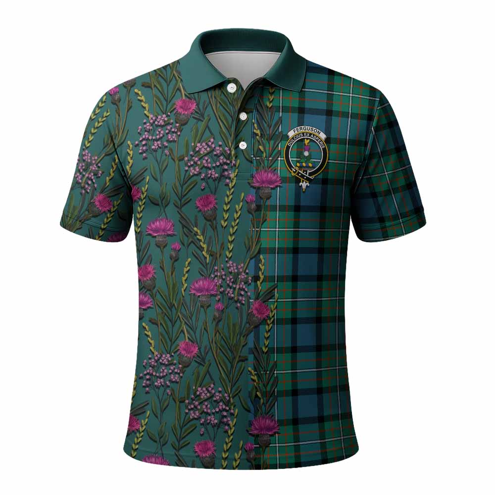 Ferguson (Fergusson) Family Crest Tartan Polo Shirt Scottish Thistle Flower Pattern Half Style - Tartan Vibes Clothing