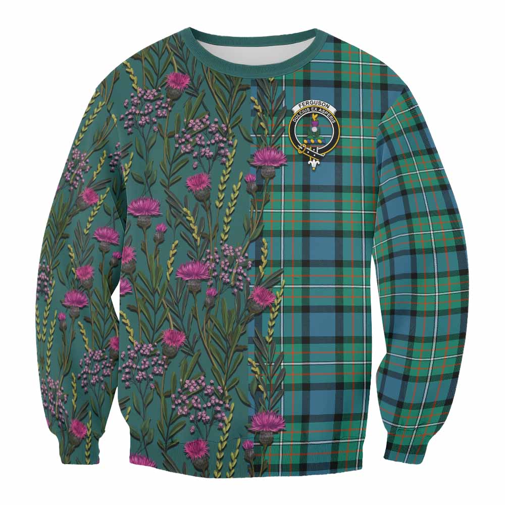 Ferguson (Fergusson) Family Crest Tartan Sweatshirt Scottish Thistle Flower Pattern Half Style - Tartan Vibes Clothing