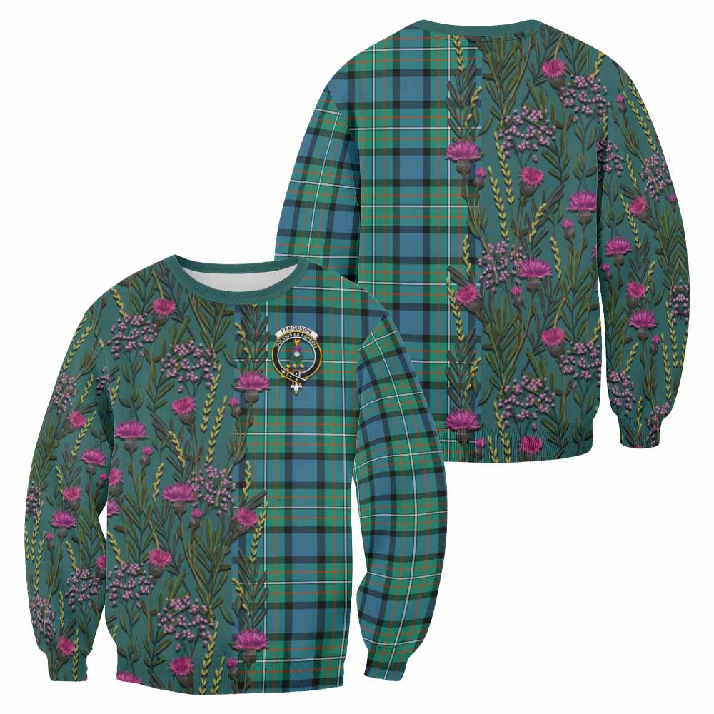 Ferguson (Fergusson) Family Crest Tartan Sweatshirt Scottish Thistle Flower Pattern Half Style - Tartan Vibes Clothing