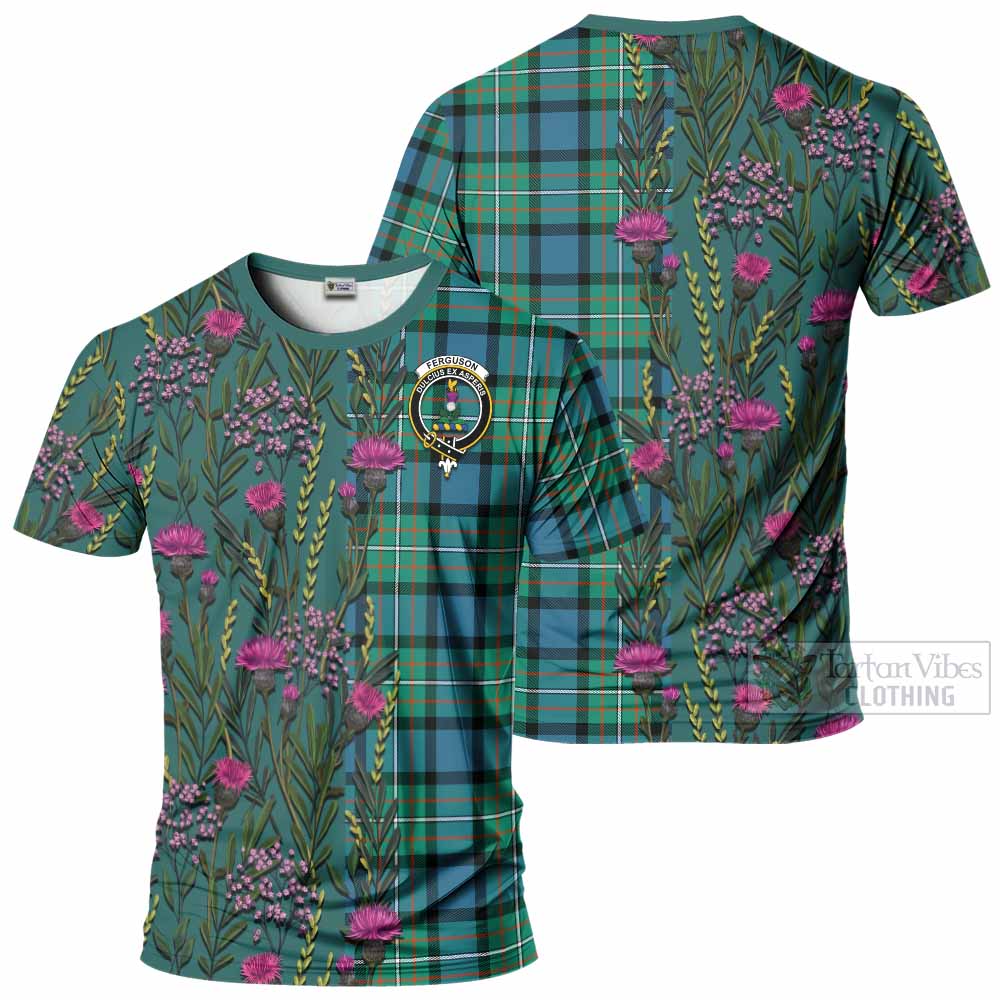 Ferguson (Fergusson) Family Crest Tartan T-Shirt Scottish Thistle Flower Pattern Half Style - Tartan Vibes Clothing