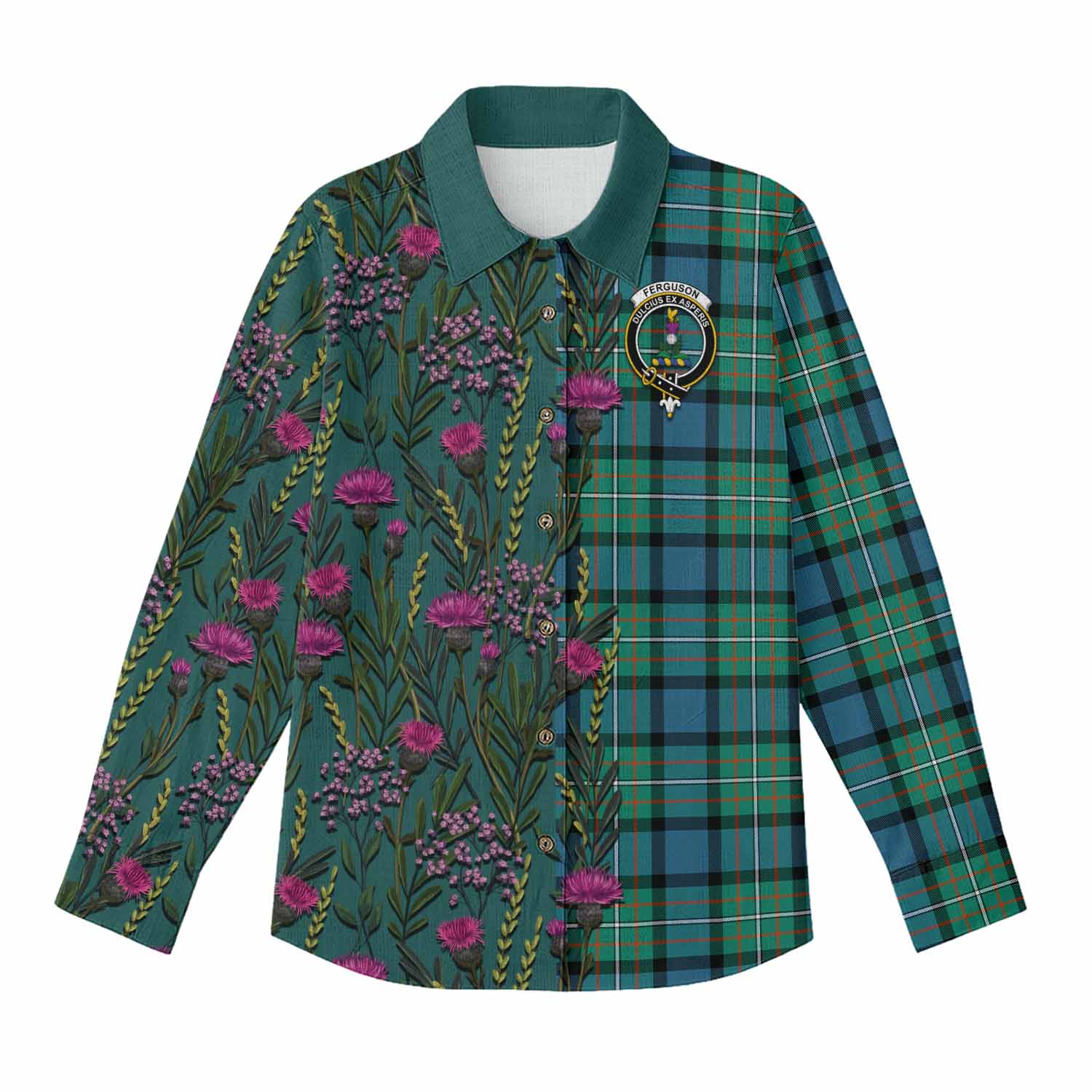 Ferguson (Fergusson) Family Crest Tartan Women Casual Shirt Scottish Thistle Flower Pattern Half Style - Tartan Vibes Clothing