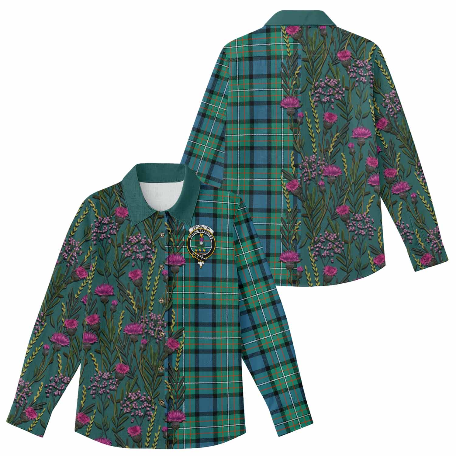 Ferguson (Fergusson) Family Crest Tartan Women Casual Shirt Scottish Thistle Flower Pattern Half Style - Tartan Vibes Clothing