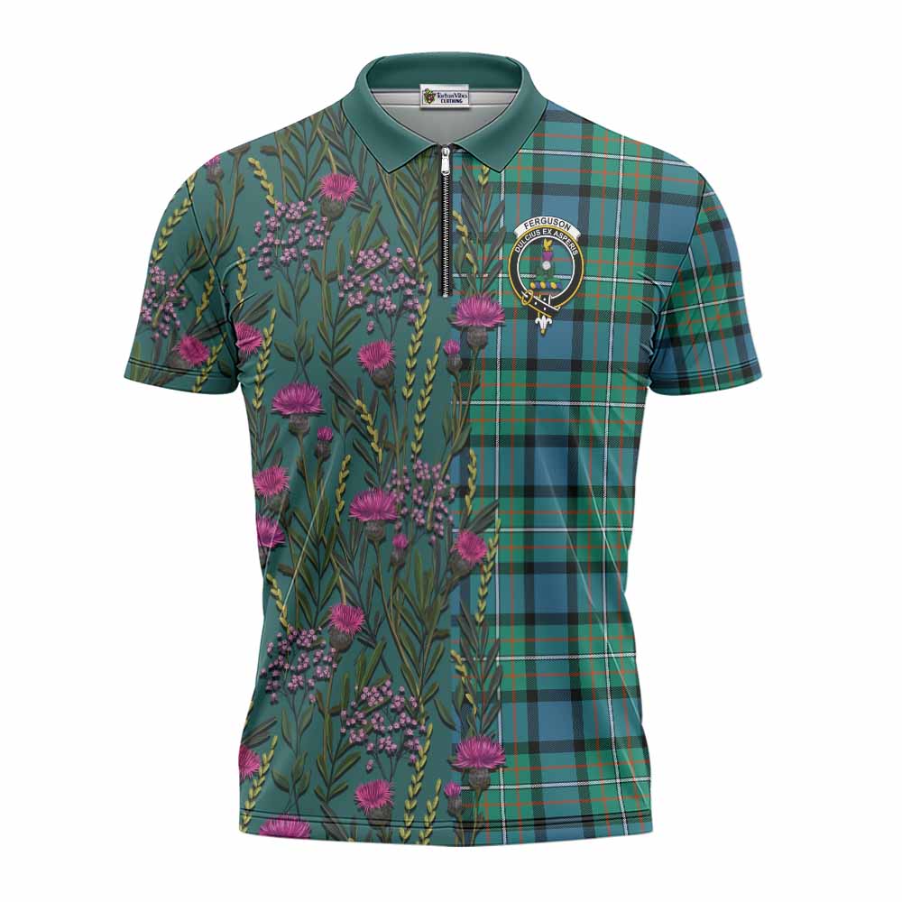 Ferguson (Fergusson) Family Crest Tartan Zipper Polo Shirt Scottish Thistle Flower Pattern Half Style - Tartan Vibes Clothing