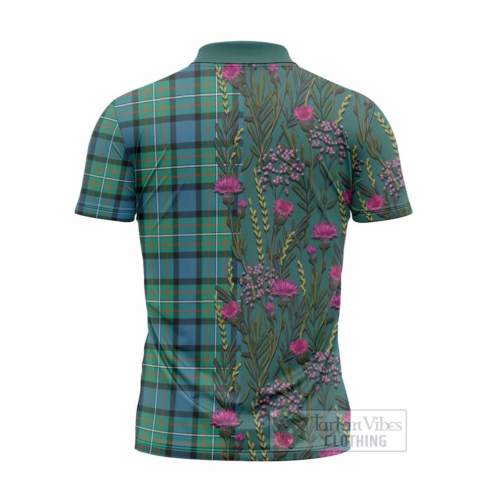 Ferguson (Fergusson) Family Crest Tartan Zipper Polo Shirt Scottish Thistle Flower Pattern Half Style - Tartan Vibes Clothing