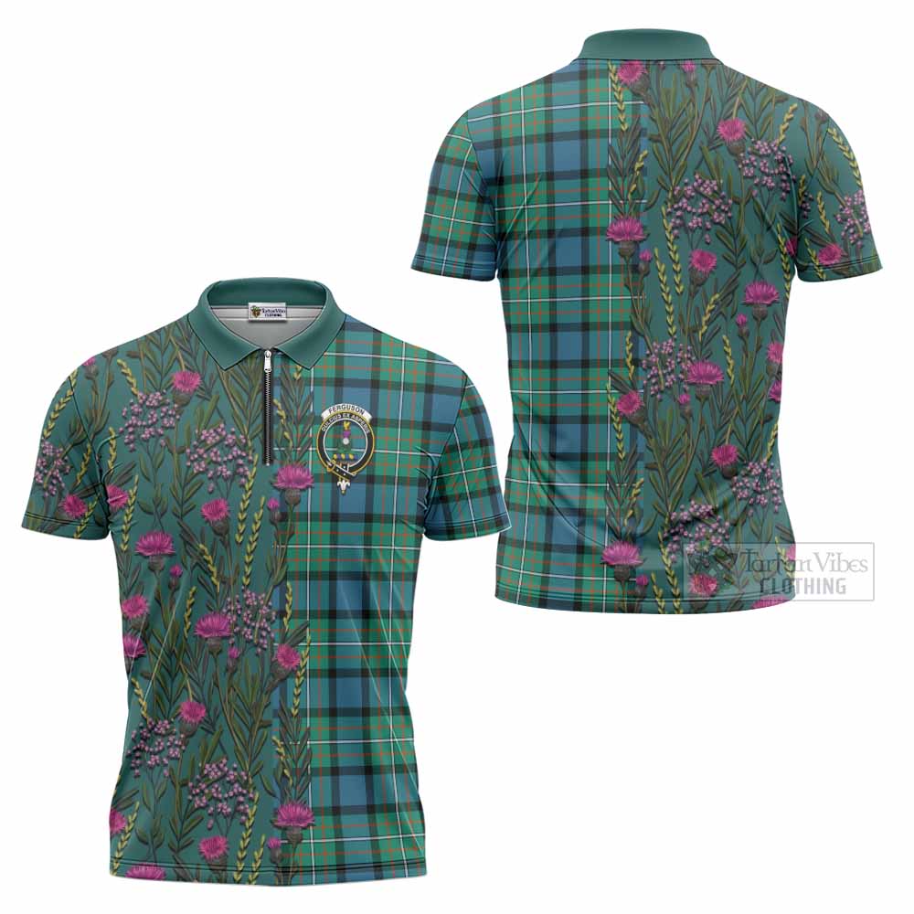 Ferguson (Fergusson) Family Crest Tartan Zipper Polo Shirt Scottish Thistle Flower Pattern Half Style - Tartan Vibes Clothing