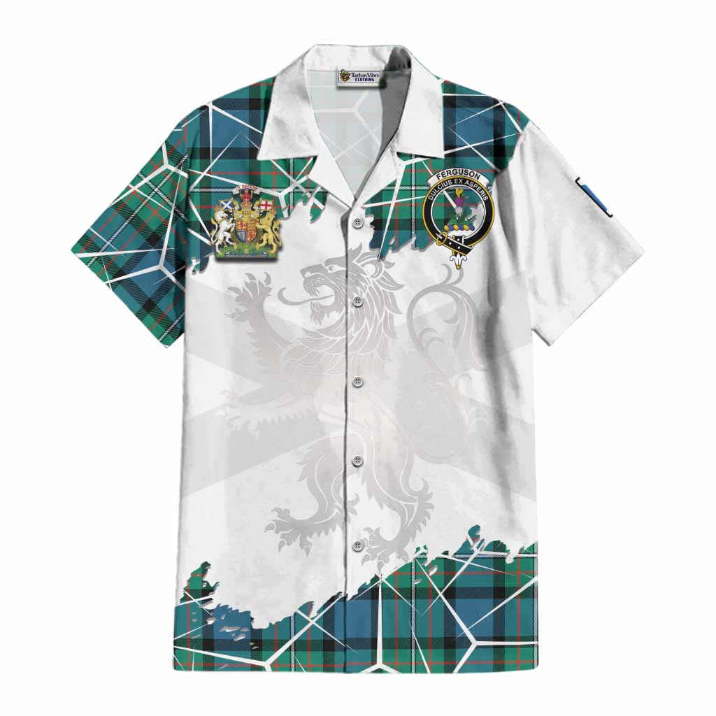 Ferguson (Fergusson) Tartan Cotton Hawaiian Shirt with Family Crest and Lion Rampant Grunge Style