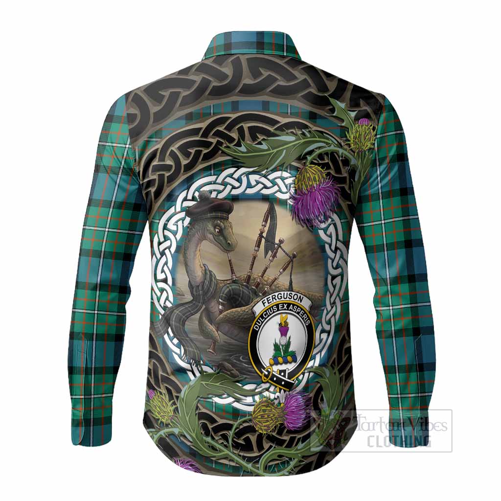Ferguson (Fergusson) Tartan Crest Bagpipe Nessie Long Sleeve Button Shirts Scottish Loch Ness Monster Celtic Thistle