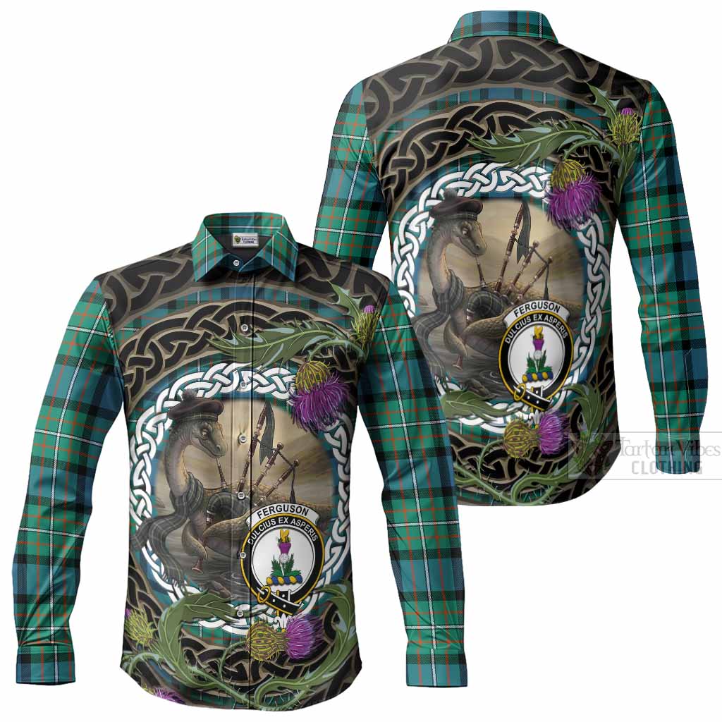 Ferguson (Fergusson) Tartan Crest Bagpipe Nessie Long Sleeve Button Shirts Scottish Loch Ness Monster Celtic Thistle