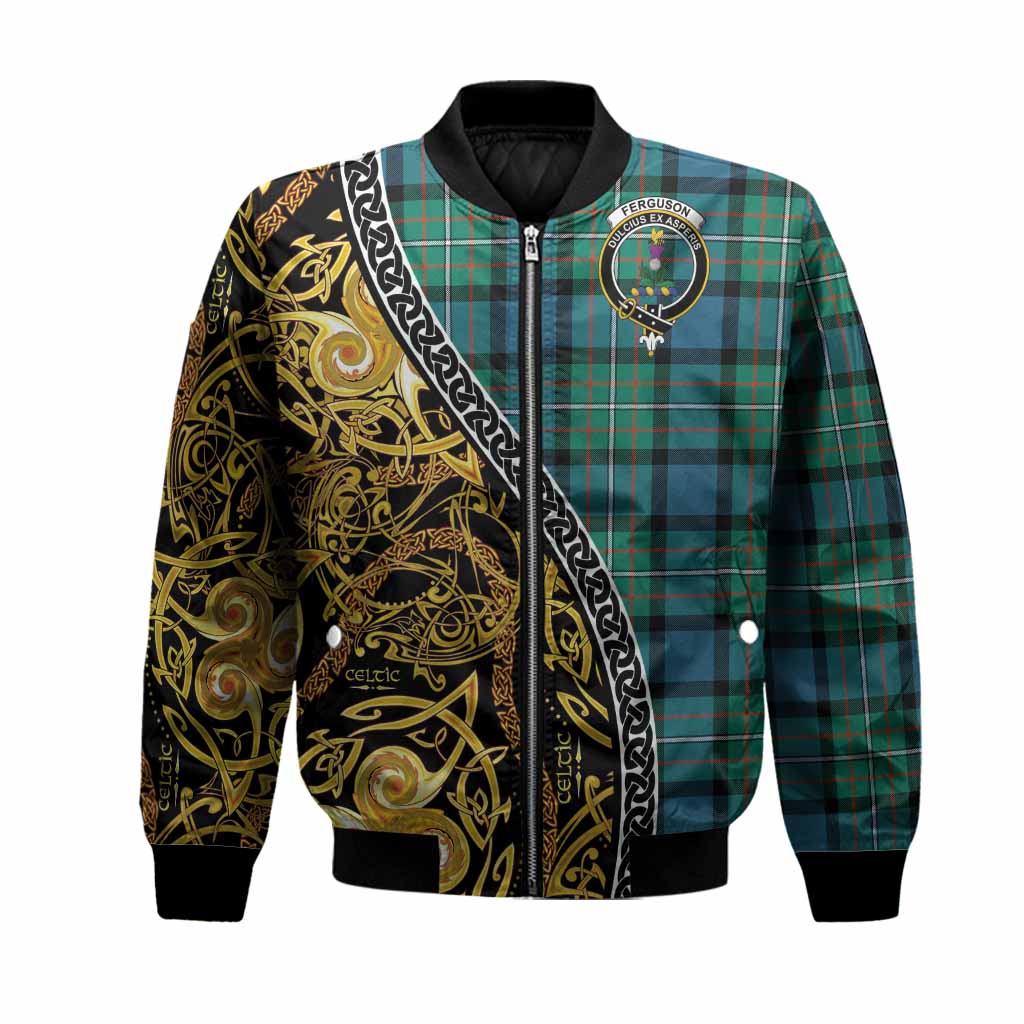 Ferguson (Fergusson) Tartan Crest Bomber Jacket Celtic Knot and Triple Trickle Spiral Symbols