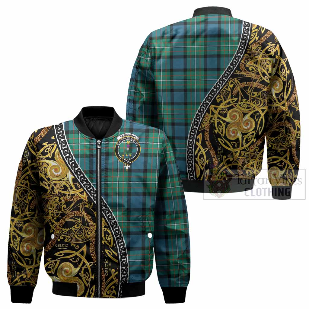 Ferguson (Fergusson) Tartan Crest Bomber Jacket Celtic Knot and Triple Trickle Spiral Symbols