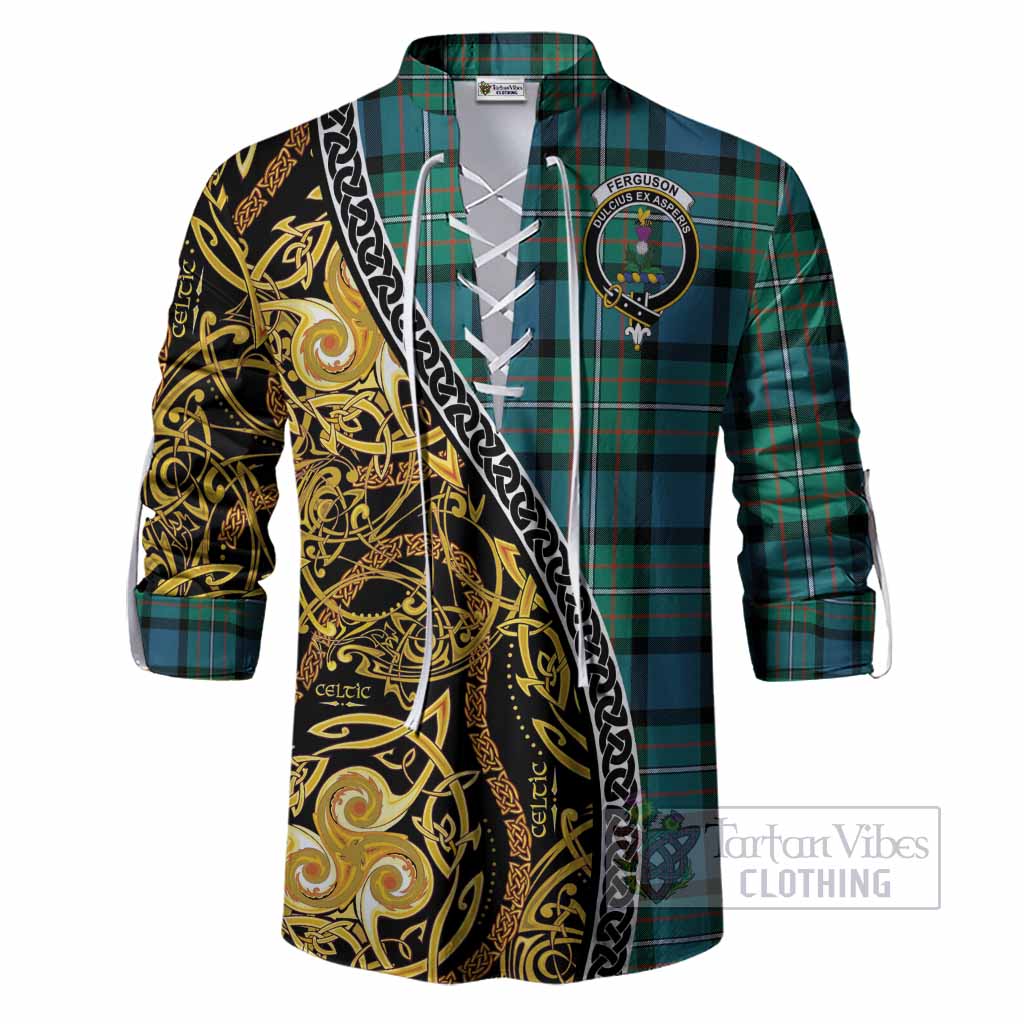 Ferguson (Fergusson) Tartan Crest Ghillie Shirt Celtic Knot and Triple Trickle Spiral Symbols