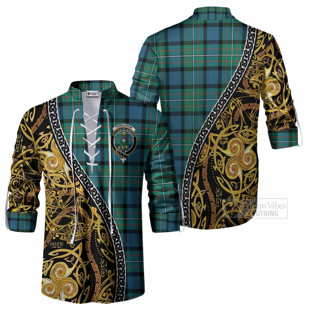 Ferguson (Fergusson) Tartan Crest Ghillie Shirt Celtic Knot and Triple Trickle Spiral Symbols