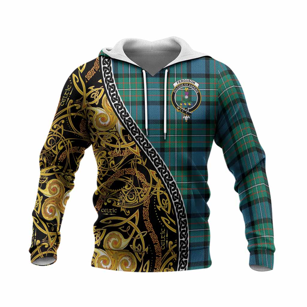 Ferguson (Fergusson) Tartan Crest Knitted Hoodie Celtic Knot and Triple Trickle Spiral Symbols