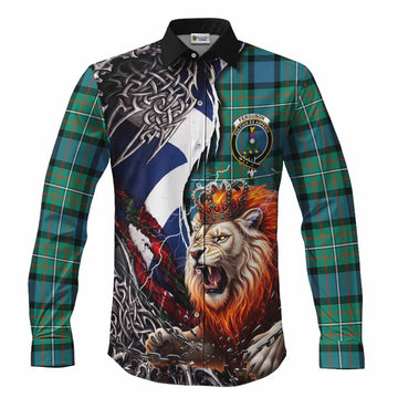 Ferguson (Fergusson) Tartan Crest Long Sleeve Button Shirts Heritage Flag Grunge Celtic Knot and Lion Rampant