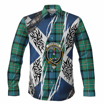 Ferguson (Fergusson) Tartan Crest Long Sleeve Button Shirts Scotland Flag Ripped Tribal Design