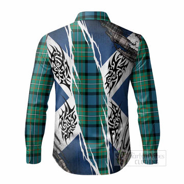 Ferguson (Fergusson) Tartan Crest Long Sleeve Button Shirts Scotland Flag Ripped Tribal Design