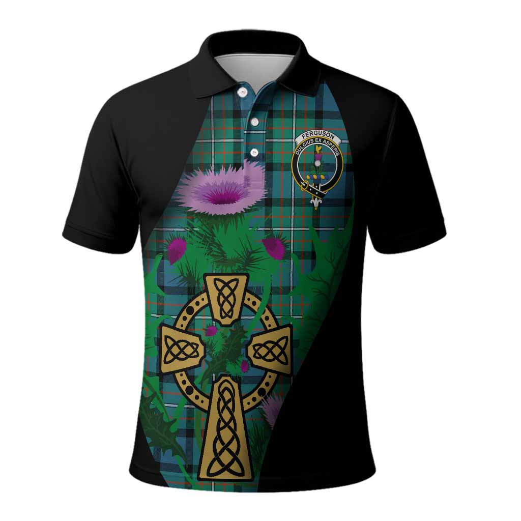 Ferguson (Fergusson) Tartan Crest Polo Shirt Celtic Cross Thistle Flowers