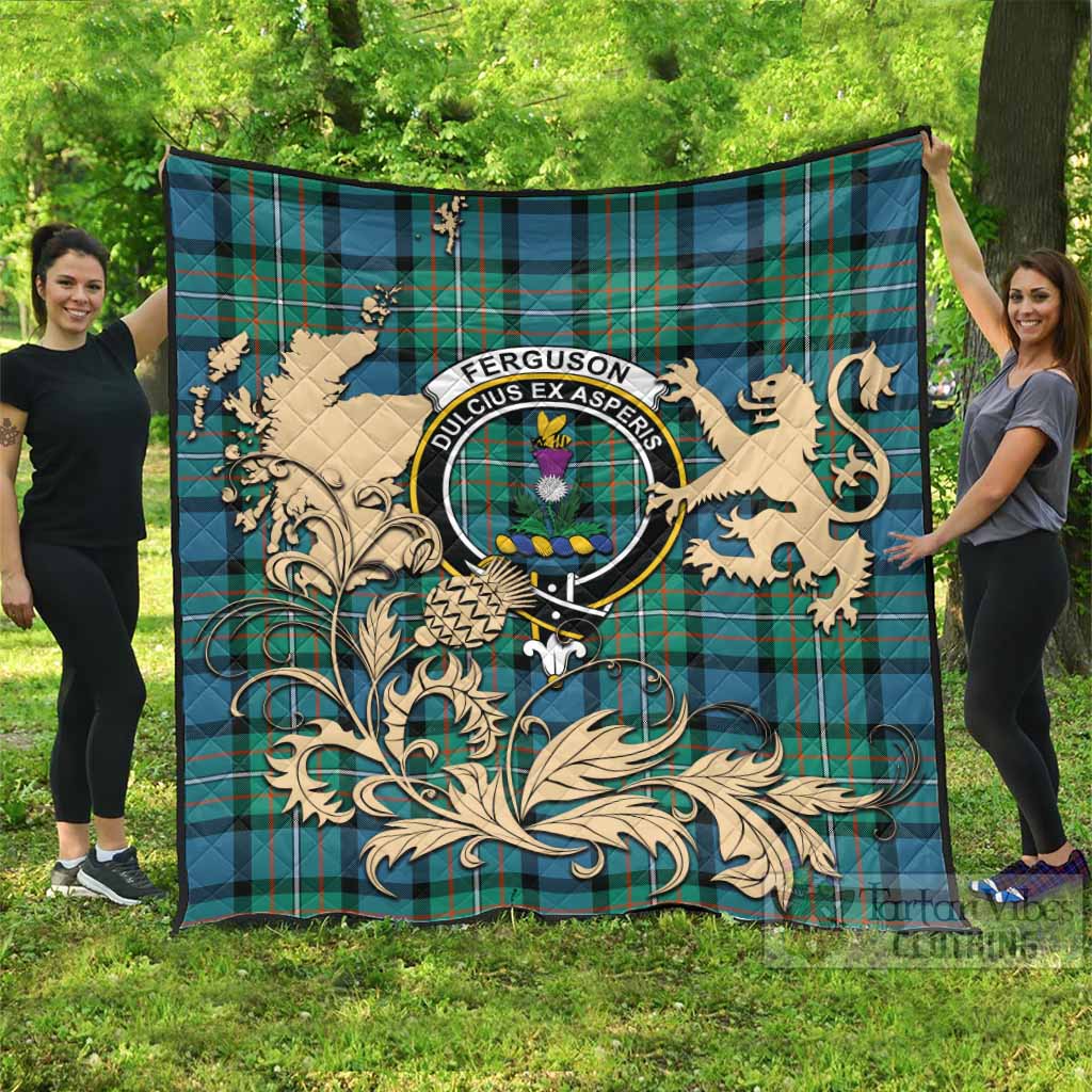 Ferguson (Fergusson) Tartan Crest Premium Quilt with Scottish Iconic Symbols 