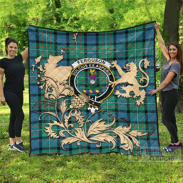 Ferguson (Fergusson) Tartan Crest Premium Quilt with Scottish Iconic Symbols 