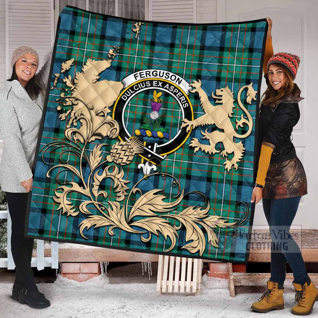 Ferguson (Fergusson) Tartan Crest Premium Quilt with Scottish Iconic Symbols 