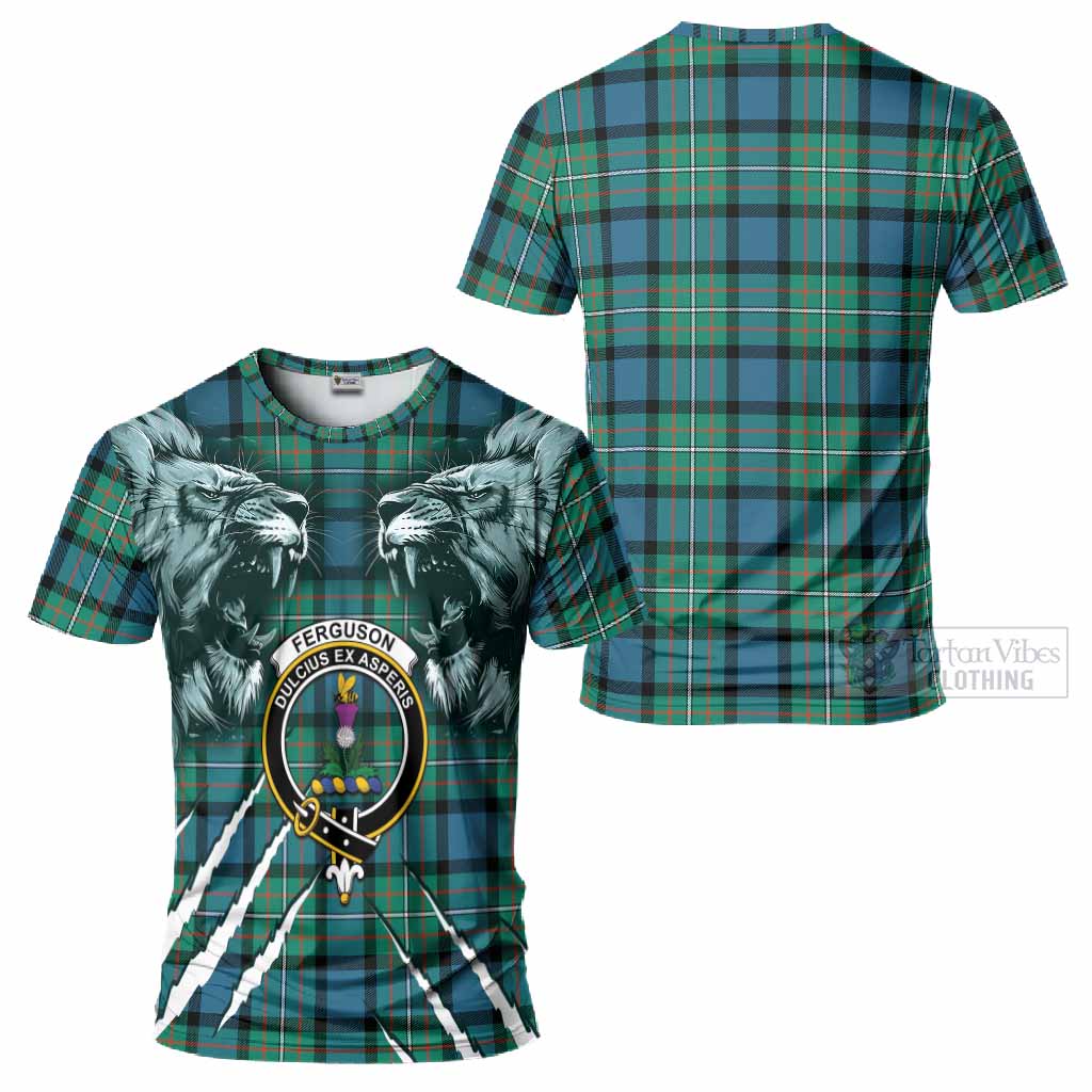 Ferguson (Fergusson) Tartan Crest T-Shirt Ferocious Lion Style