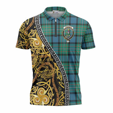 Ferguson (Fergusson) Tartan Crest Zipper Polo Shirt Celtic Knot and Triple Trickle Spiral Symbols