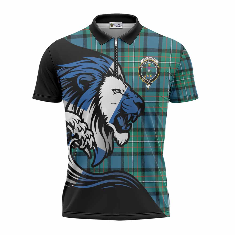 Ferguson (Fergusson) Tartan Crest Zipper Polo Shirt Scottish Golden Lions Wave Flow