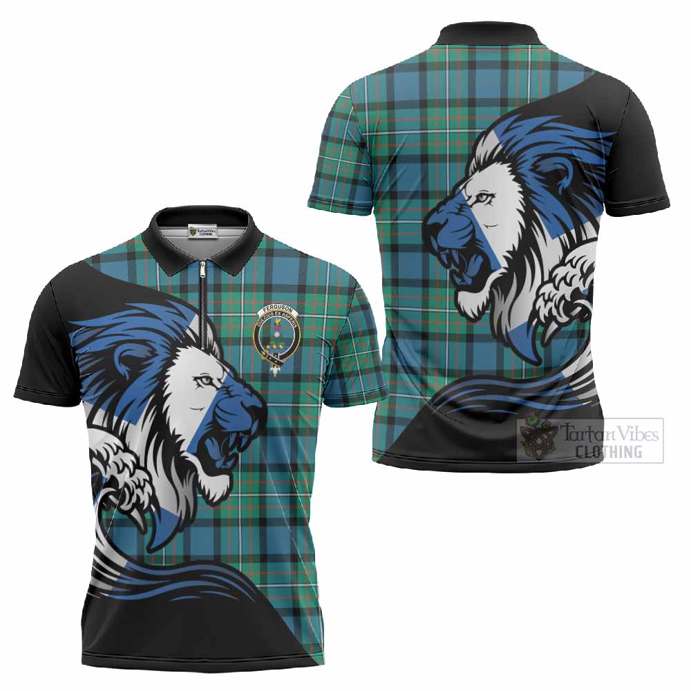 Ferguson (Fergusson) Tartan Crest Zipper Polo Shirt Scottish Golden Lions Wave Flow