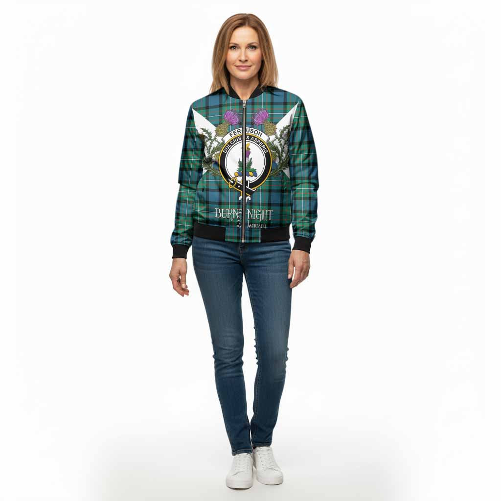 Ferguson (Fergusson) Tartan Family Crest Bomber Jacket Scottish Burns Night Thistle Floral
