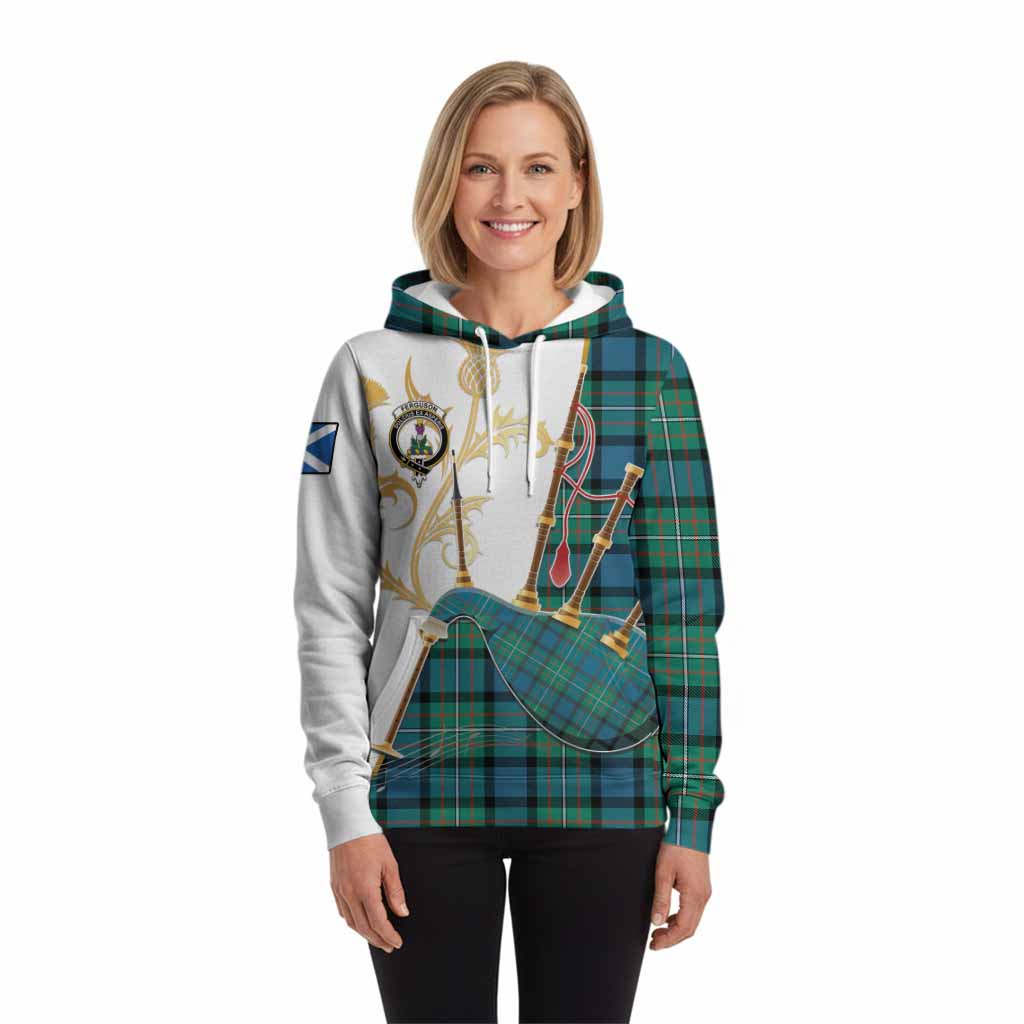 Ferguson (Fergusson) Tartan Family Crest Hoodie Bagpipes with Scottish Thistle
