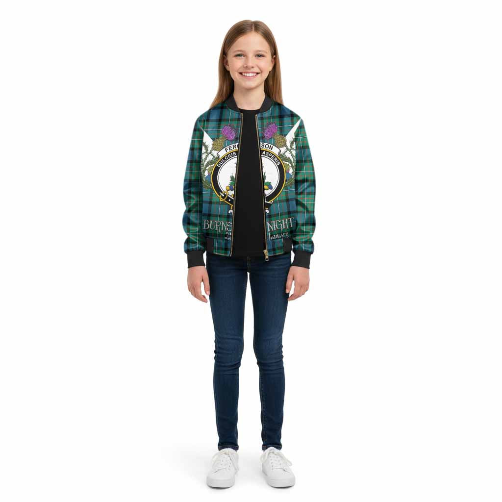 Ferguson (Fergusson) Tartan Family Crest Kid Bomber Jacket Scottish Burns Night Thistle Floral