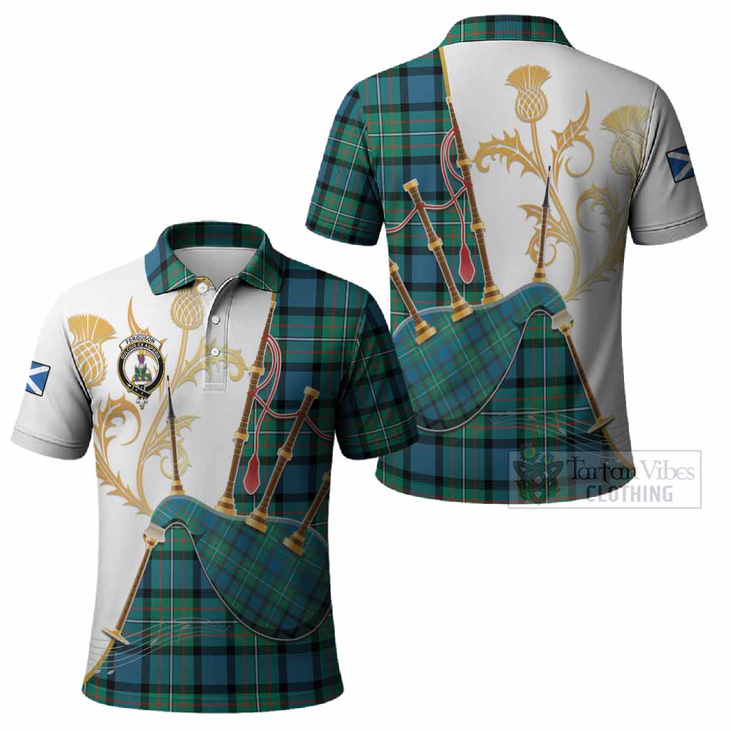 Ferguson (Fergusson) Tartan Family Crest Polo Shirt Bagpipes with Scottish Thistle