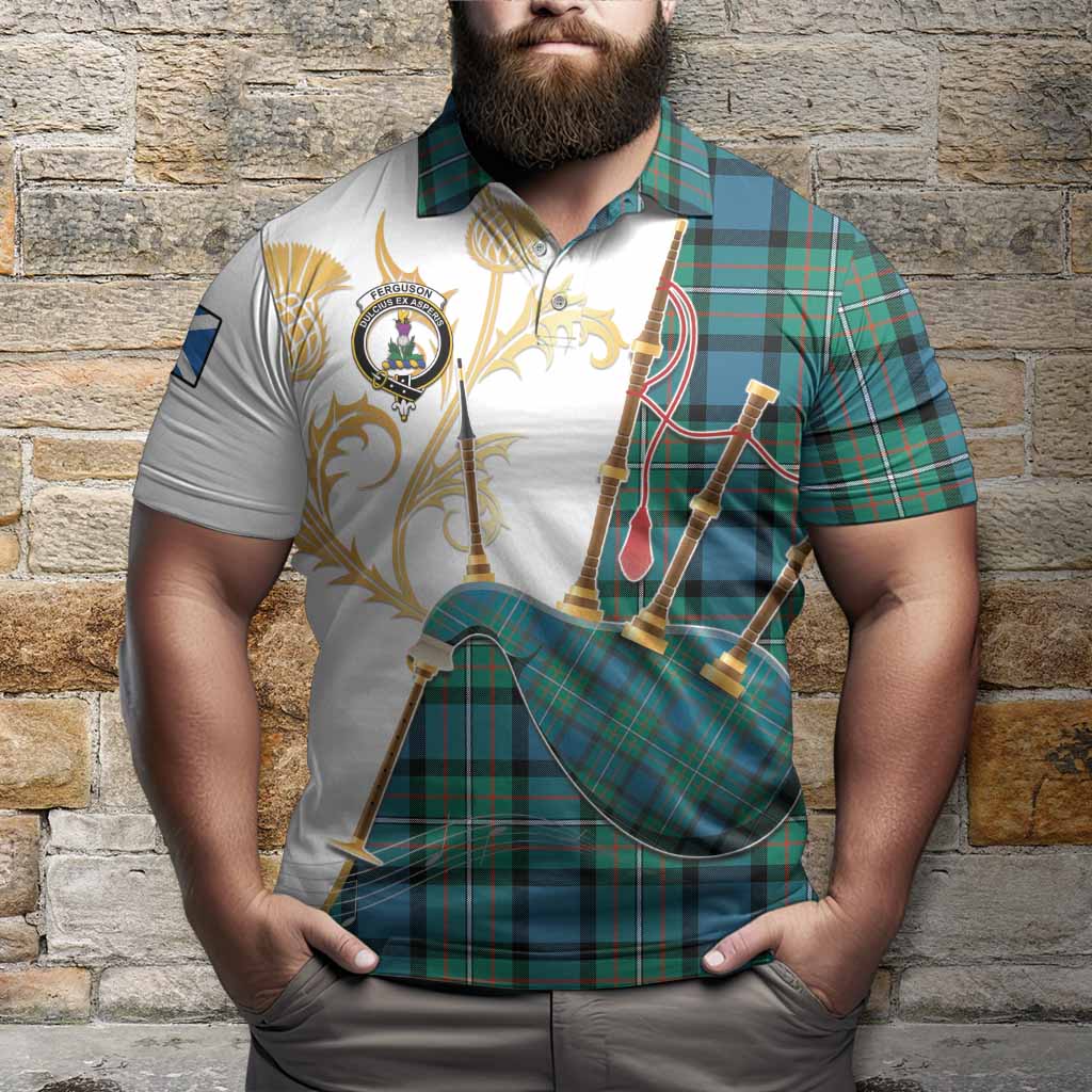 Ferguson (Fergusson) Tartan Family Crest Polo Shirt Bagpipes with Scottish Thistle