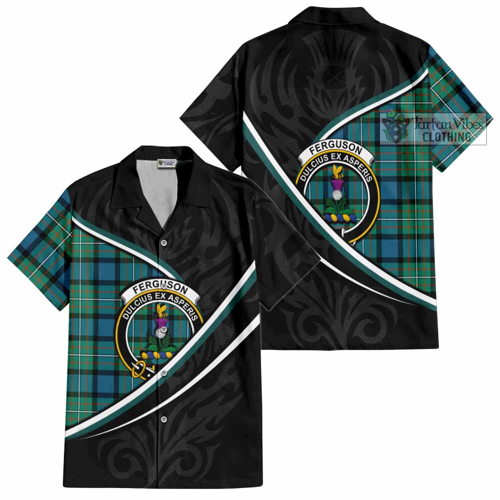 Ferguson (Fergusson) Tartan Family Crest Short Sleeve Button Shirt Celtic Scottish Thistle Floral - Tartan Vibes Clothing