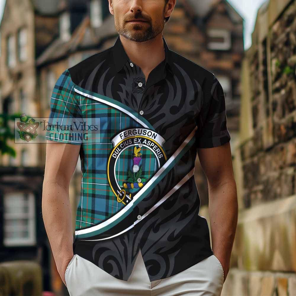 Ferguson (Fergusson) Tartan Family Crest Short Sleeve Button Shirt Celtic Scottish Thistle Floral - Tartan Vibes Clothing
