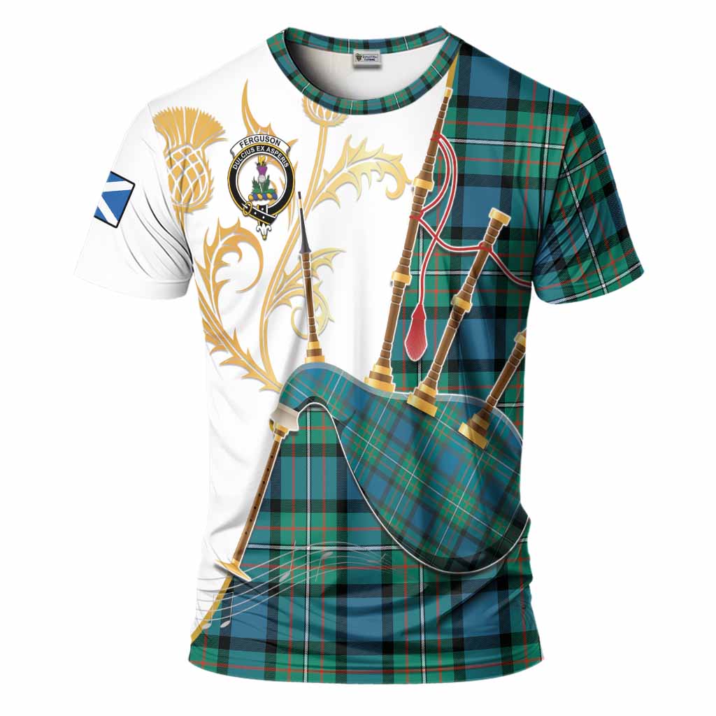 Ferguson (Fergusson) Tartan Family Crest T-Shirt Bagpipes with Scottish Thistle
