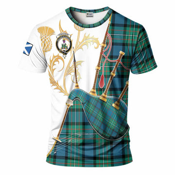 Ferguson (Fergusson) Tartan Family Crest T-Shirt Bagpipes with Scottish Thistle