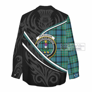 Ferguson (Fergusson) Tartan Family Crest Women Casual Shirt Celtic Scottish Thistle Floral - Tartan Vibes Clothing