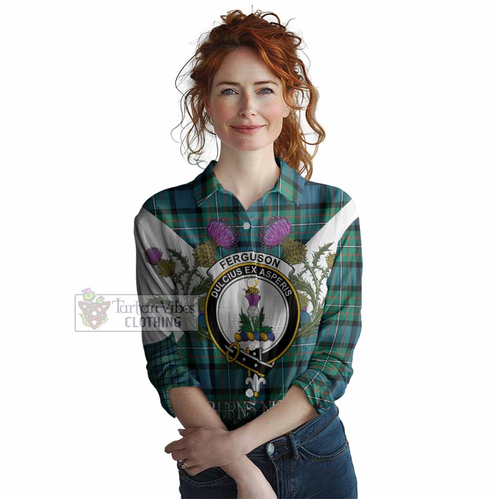 Ferguson (Fergusson) Tartan Family Crest Women Casual Shirt Scottish Burns Night Thistle Floral
