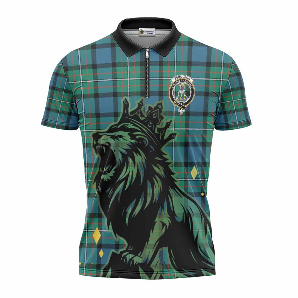 Ferguson (Fergusson) Tartan Family Crest Zipper Polo Shirt Crowned Lion Roaring