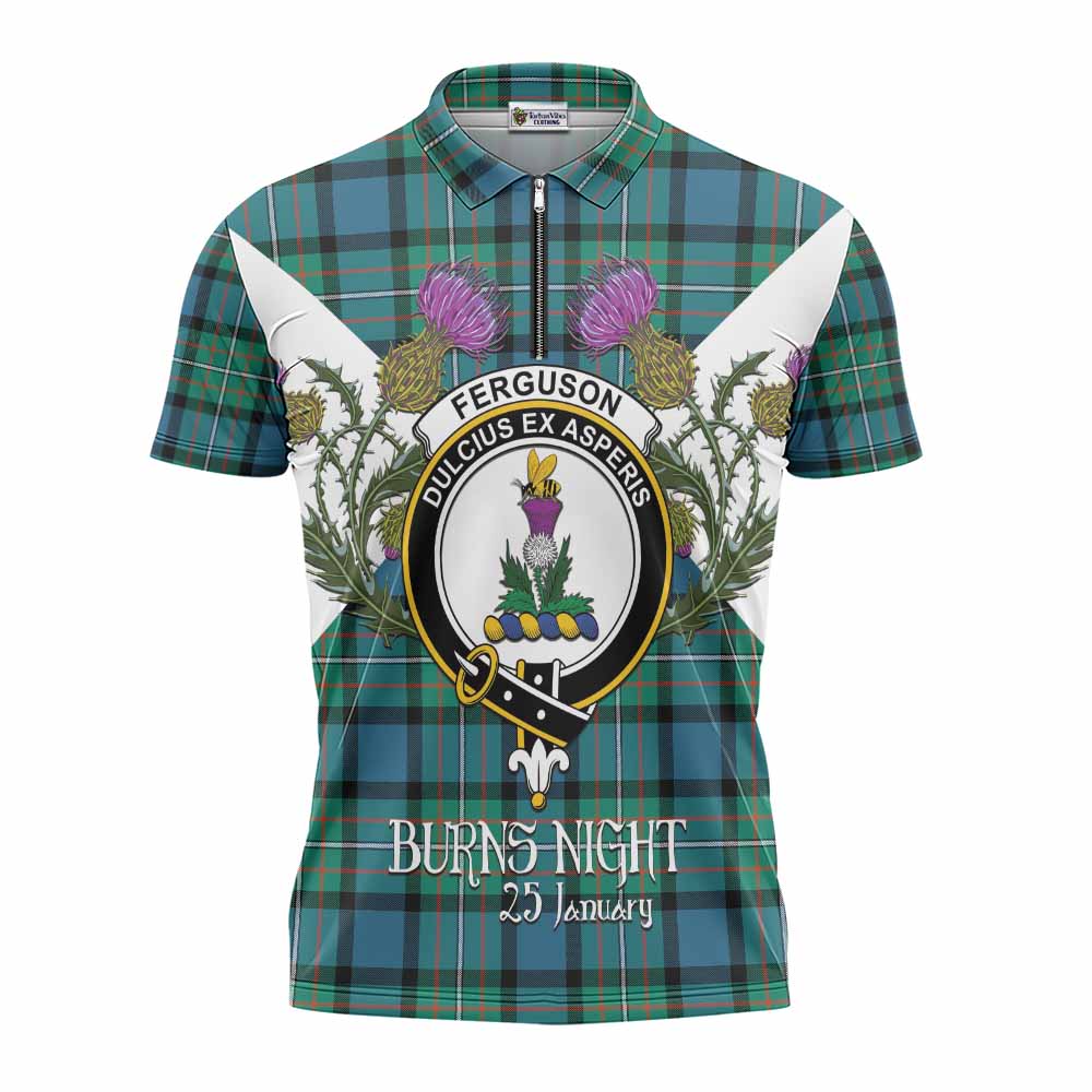 Ferguson (Fergusson) Tartan Family Crest Zipper Polo Shirt Scottish Burns Night Thistle Floral