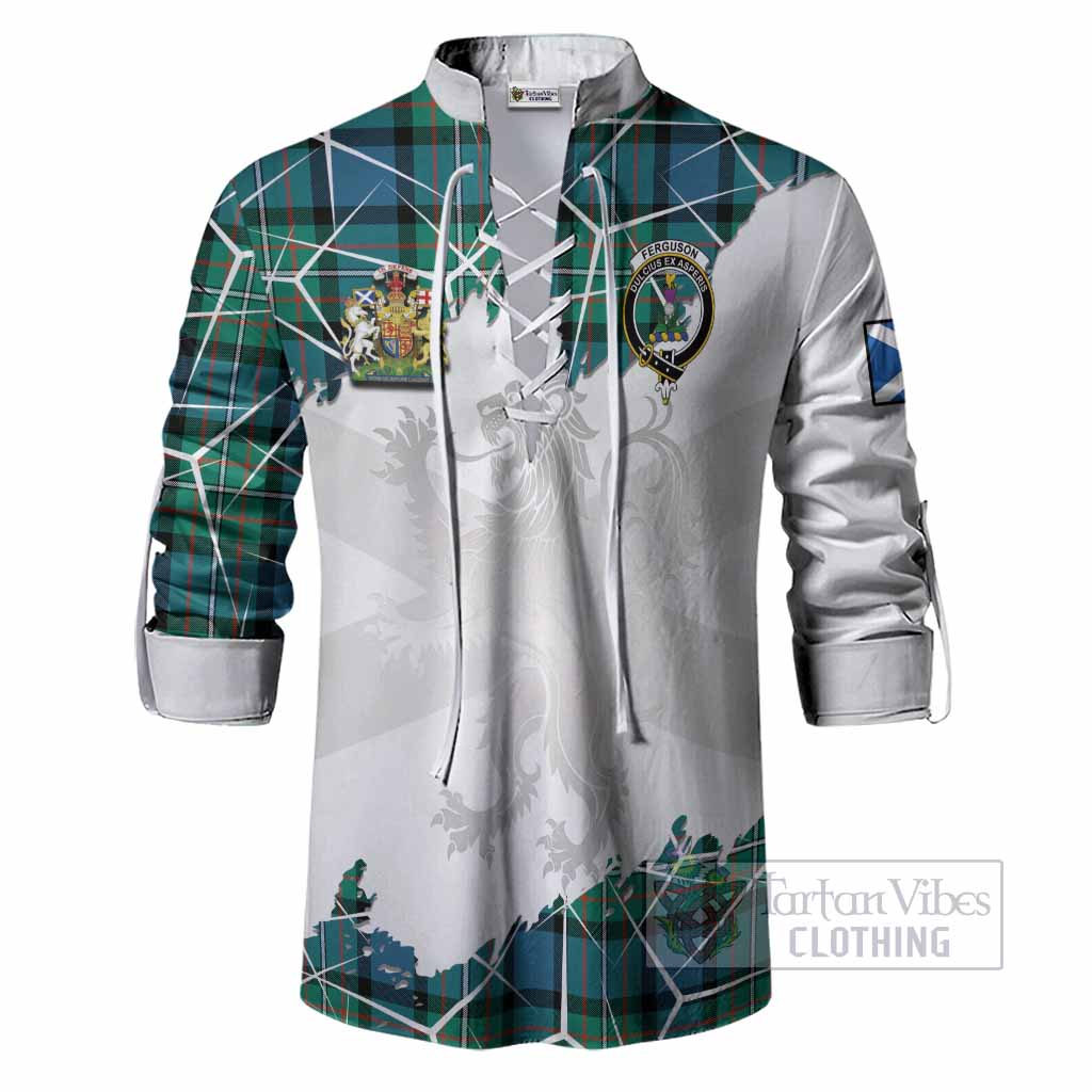 Ferguson (Fergusson) Tartan Ghillie Shirt with Family Crest and Lion Rampant Grunge Style