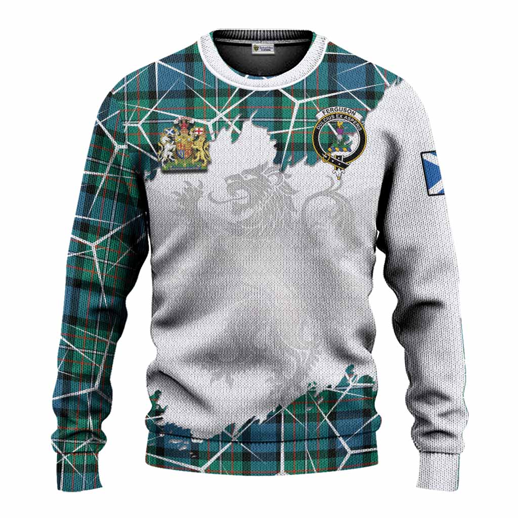 Ferguson (Fergusson) Tartan Knitted Sweater with Family Crest and Lion Rampant Grunge Style