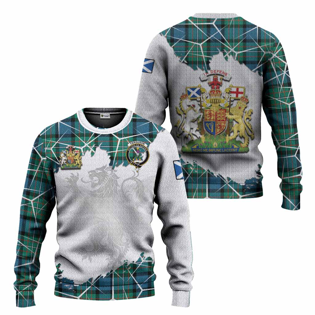 Ferguson (Fergusson) Tartan Knitted Sweater with Family Crest and Lion Rampant Grunge Style