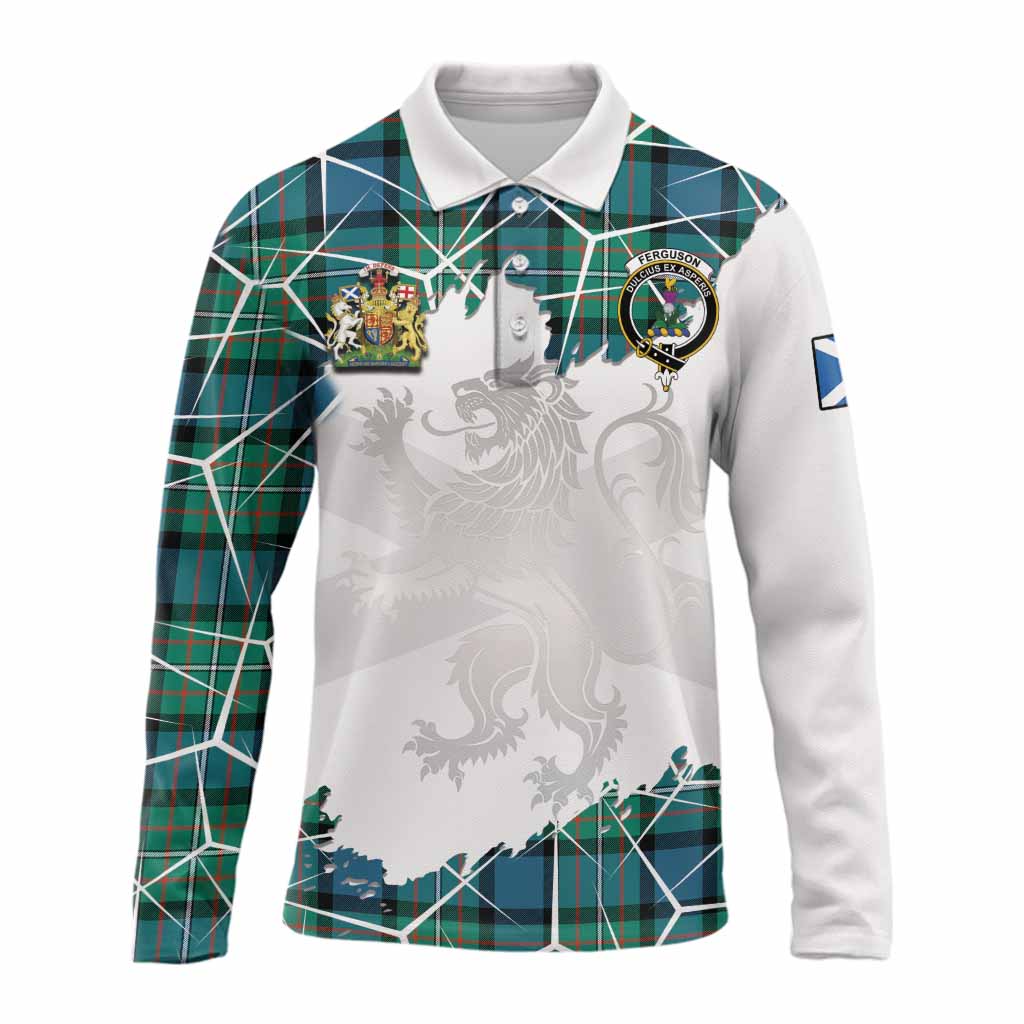 Ferguson (Fergusson) Tartan Long Sleeve Polo Shirt with Family Crest and Lion Rampant Grunge Style